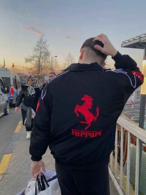 Ferrari jacket with Shell and UPS sponsor logos, embroidered patches, vintage streetwear look