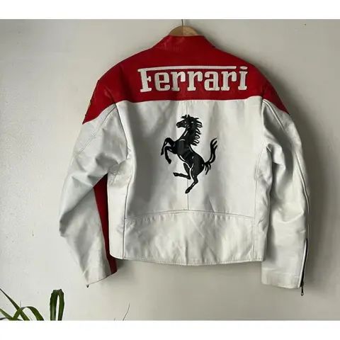 Ferrari embroidered logo and prancing horse patch on leather jacket blackwingg
