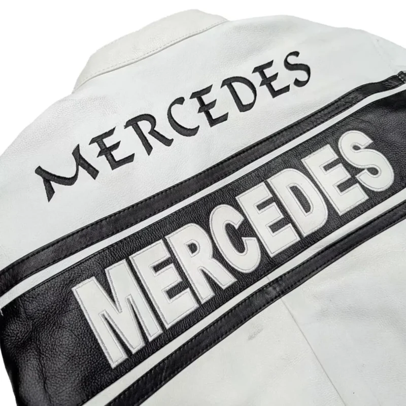 Detailed shot of the full-zip front on the classic motorsport leather jacket