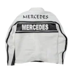 the Mercedes racing jacket showing the unisex fit.