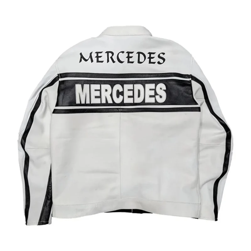 the Mercedes racing jacket showing the unisex fit.