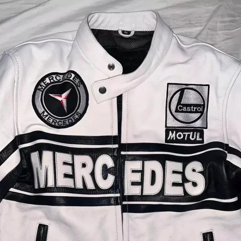 the embroidered sponsor patches on the Mercedes F1 jacket